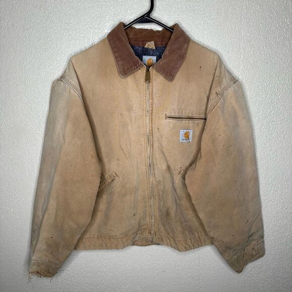 VTG 90’s Carhartt Detroit Blanket Lined Work Jacket Trashed Sun Faded Size Small - Picture 2 of 11
